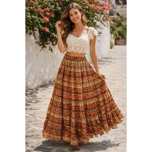 Boho Hippie Tiered Maxi Skirt Paisley Floral Block Print Peasant Skirt OSFM